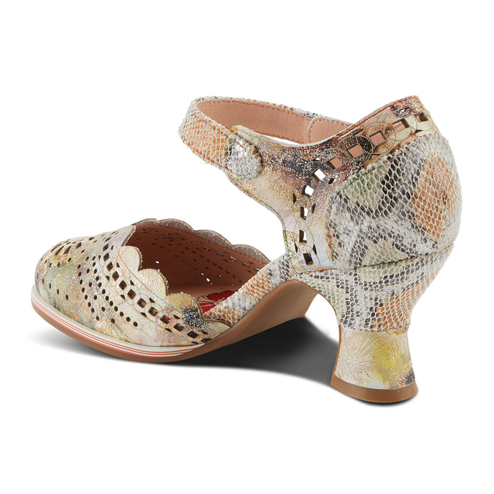 Beige Floral Print Round Toe Spool Heel Hollow-Out Pumps for Women