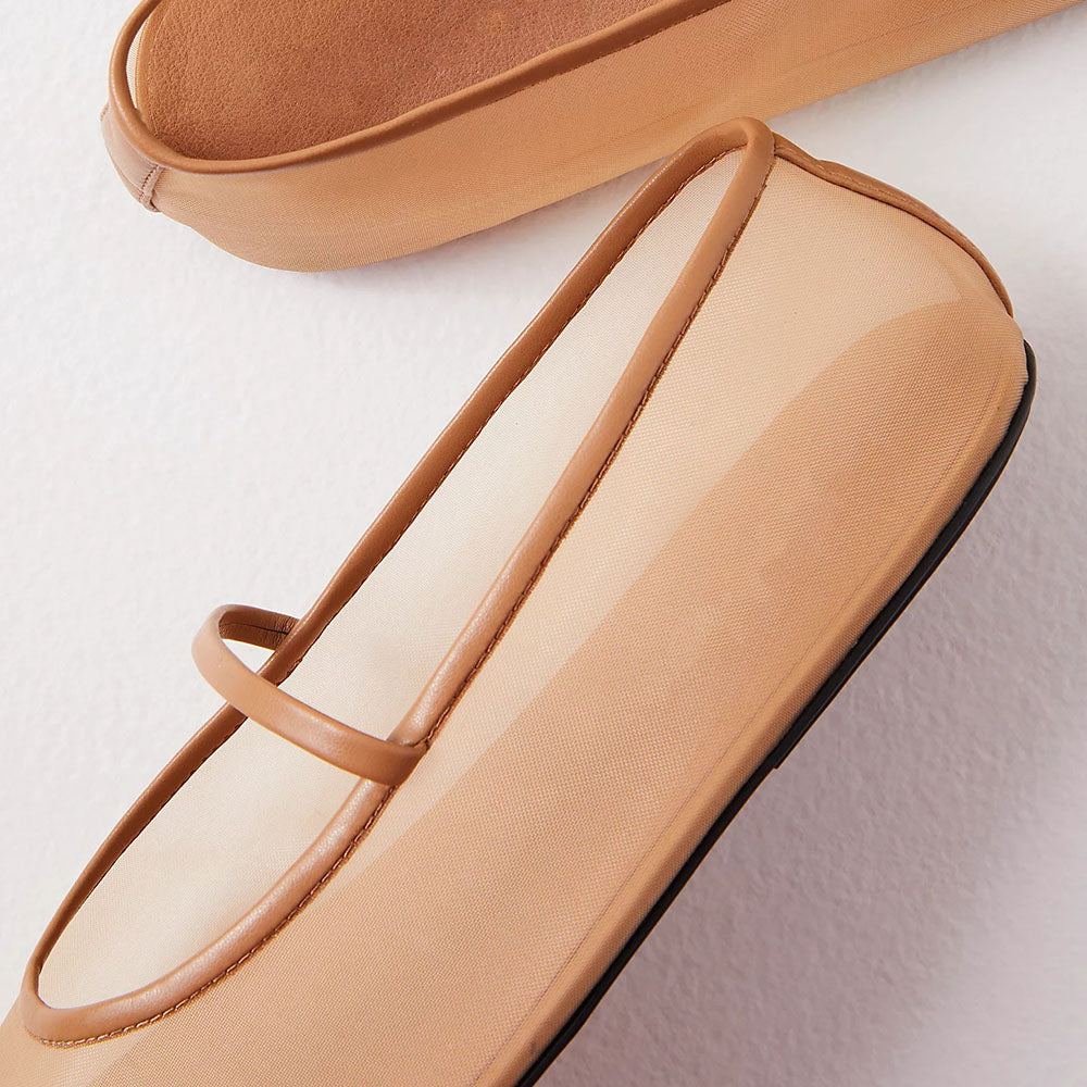 Beige Mesh Round Toe Flat Strappy Ballet Shoes
