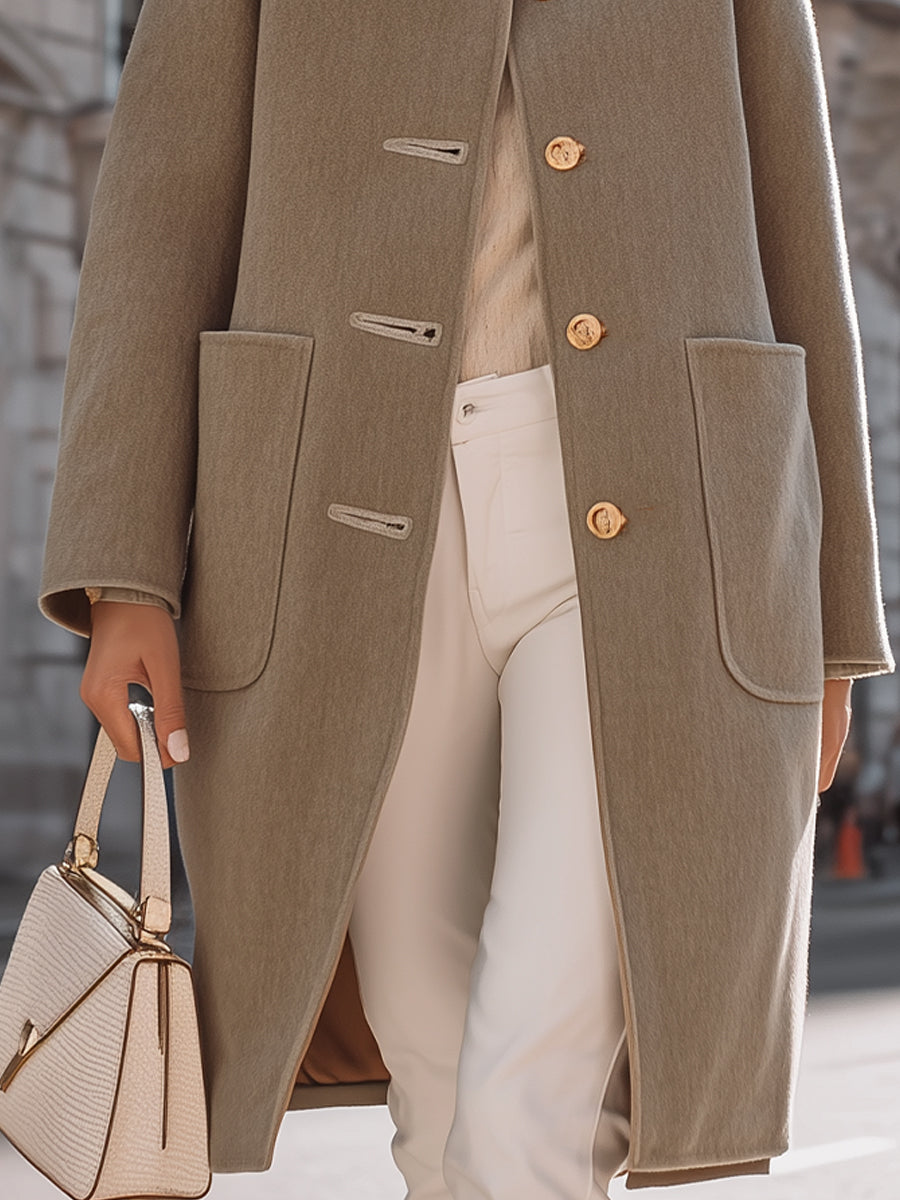 Elegant Wool-Blend Mid-Length Coat With Gold-Tone Buttons