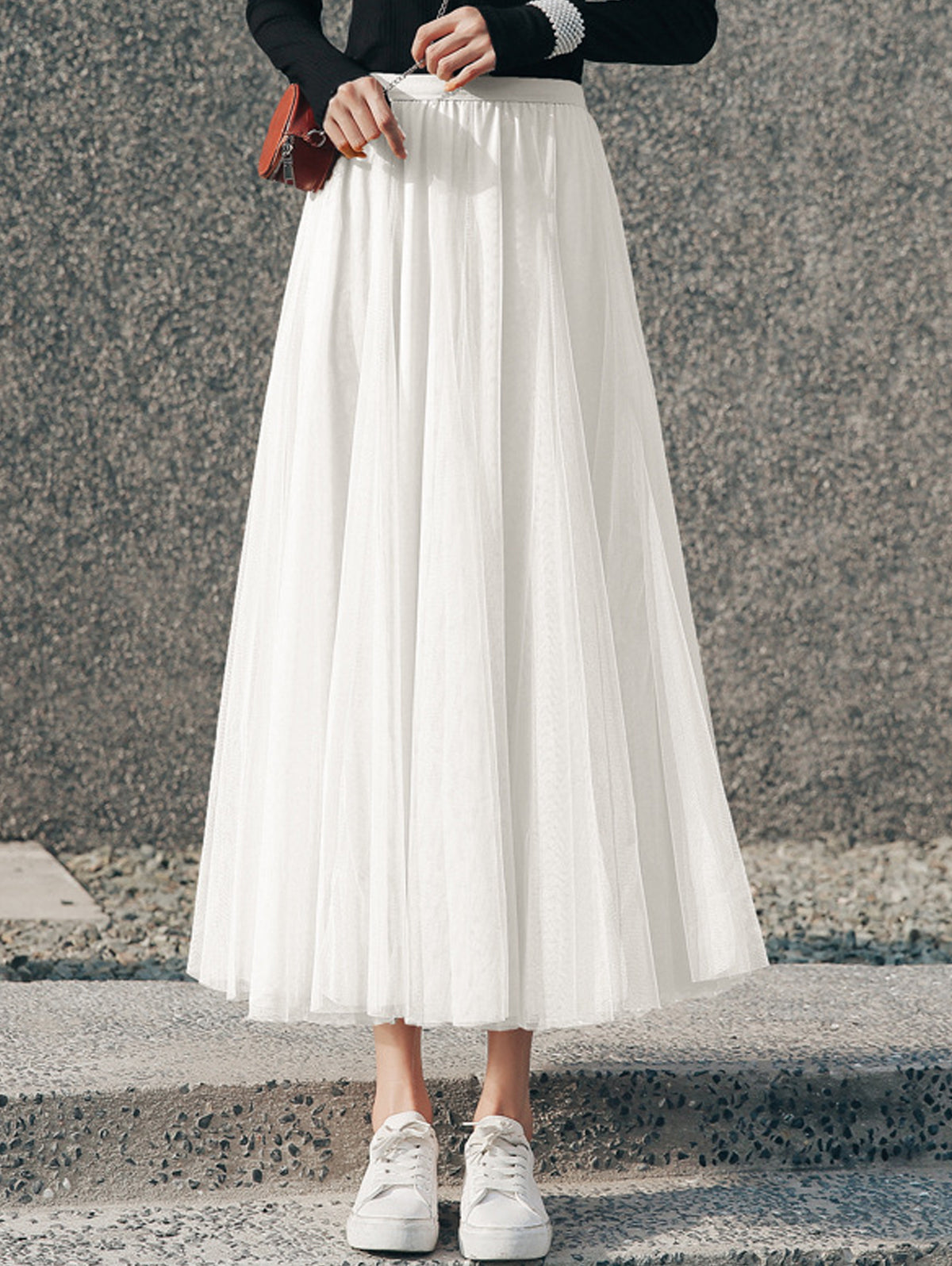 Daily Layered Pleated Stretchy Waist Solid Tulle Midi Skirt