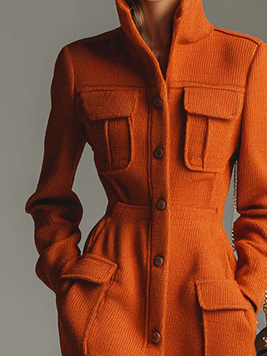 Elegant Urban Stand-up Collar Orange Pocket Mid-length Coat