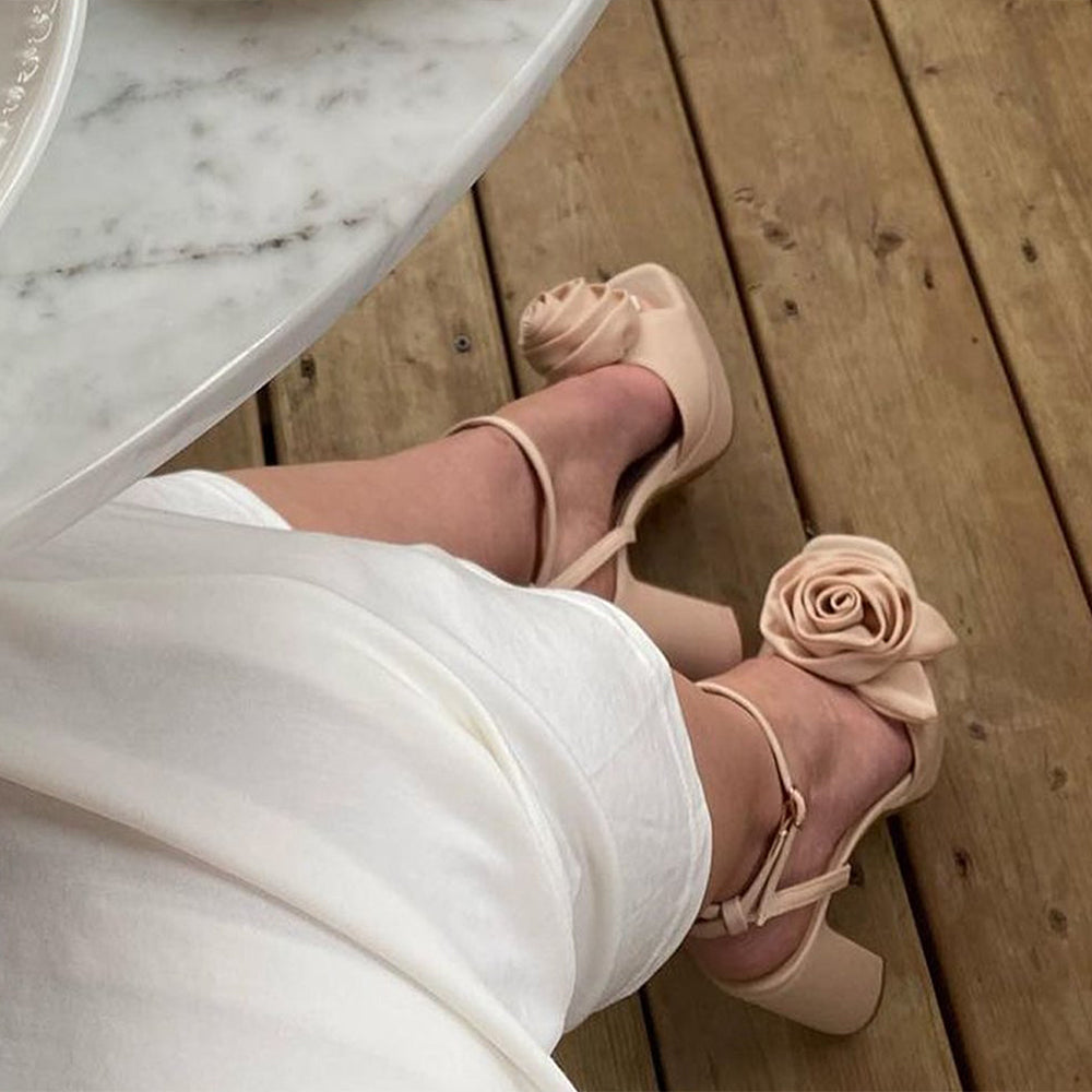 Beige Satin Open Toe 4'' Chunky Heel Ankle Strap Platform Sandals