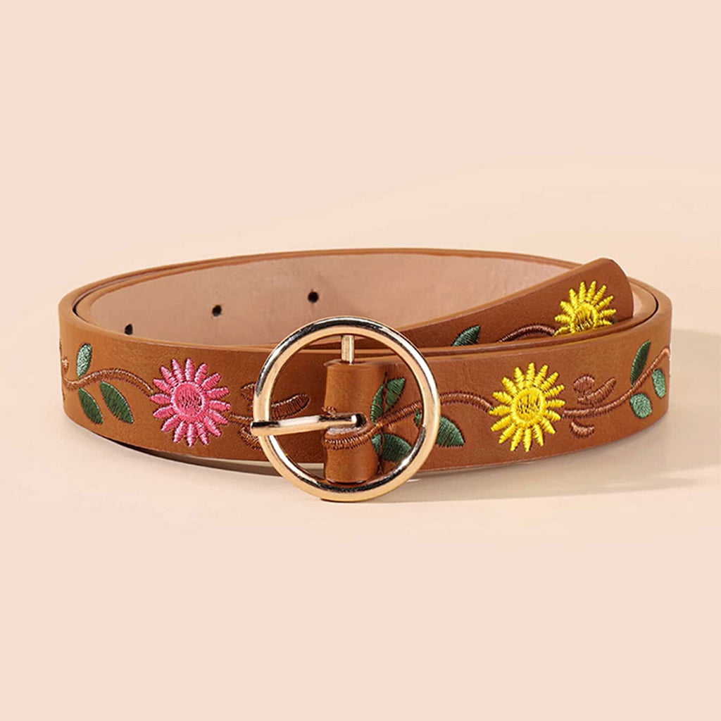Ethnic Floral Leaf Pattern Embroidered Buckle Belt
