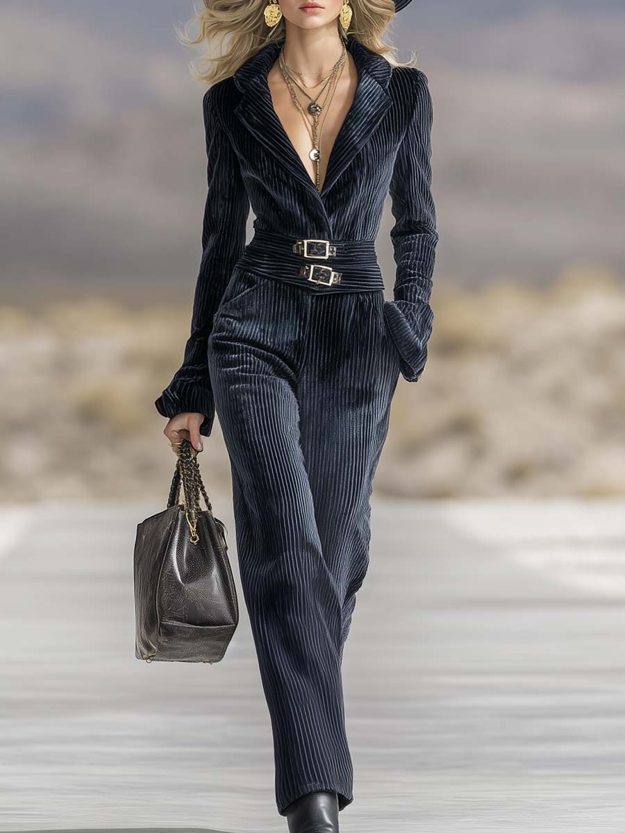 Elegant Retro Exquisite V-neck Long-sleeved Waist Dark Blue Textured Velvet Jumpsuit