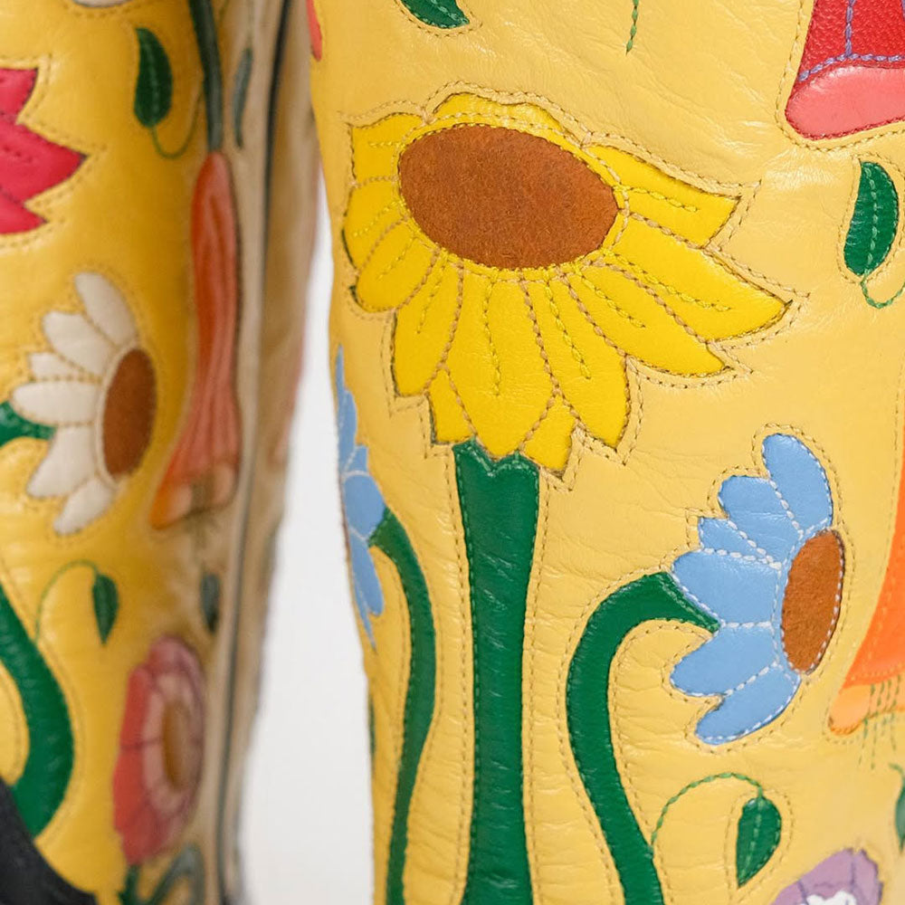 Embroidered Pointed Toe Black & Yellow Cowgirl Booties for Women