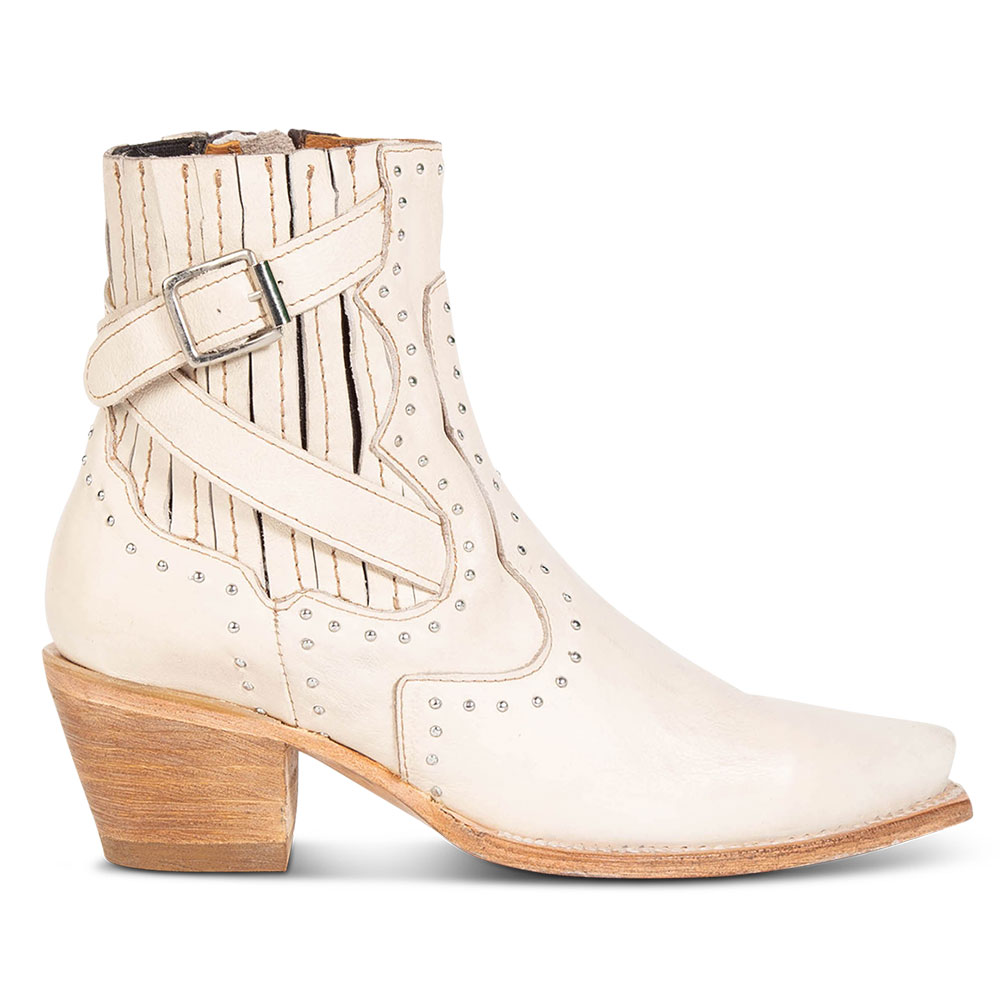 Beige Snip Toe Block Heel Studded Vintage Western Booties