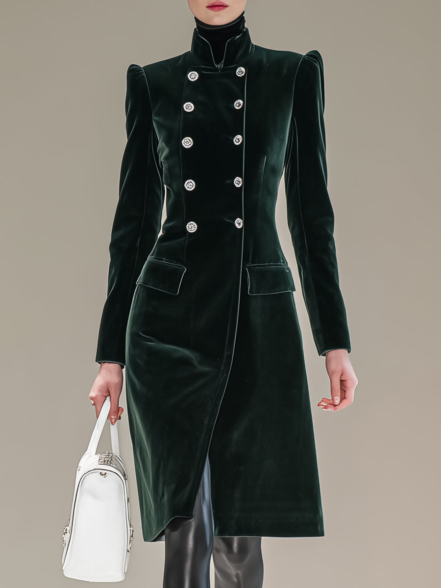 Dark Green Velvet Button-down Mid-length Coat