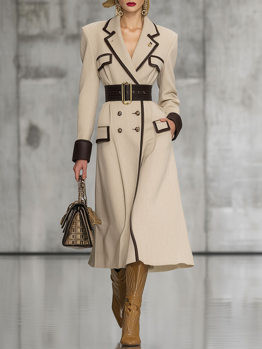 Elegant Urban Light Khaki Double-Breasted Mid-Length Coat