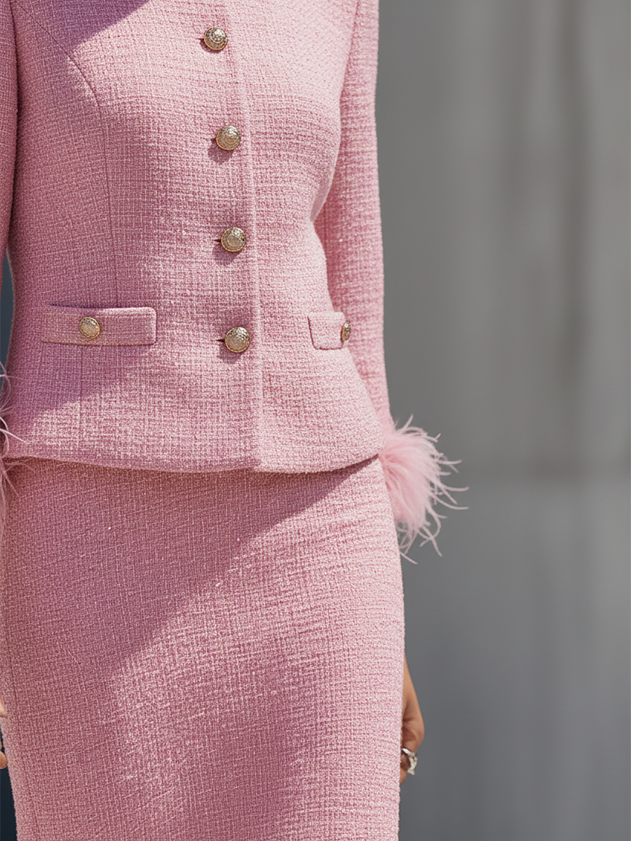 Elegant Round-neck Single-breasted Tweed Jacket And Skirt Set
