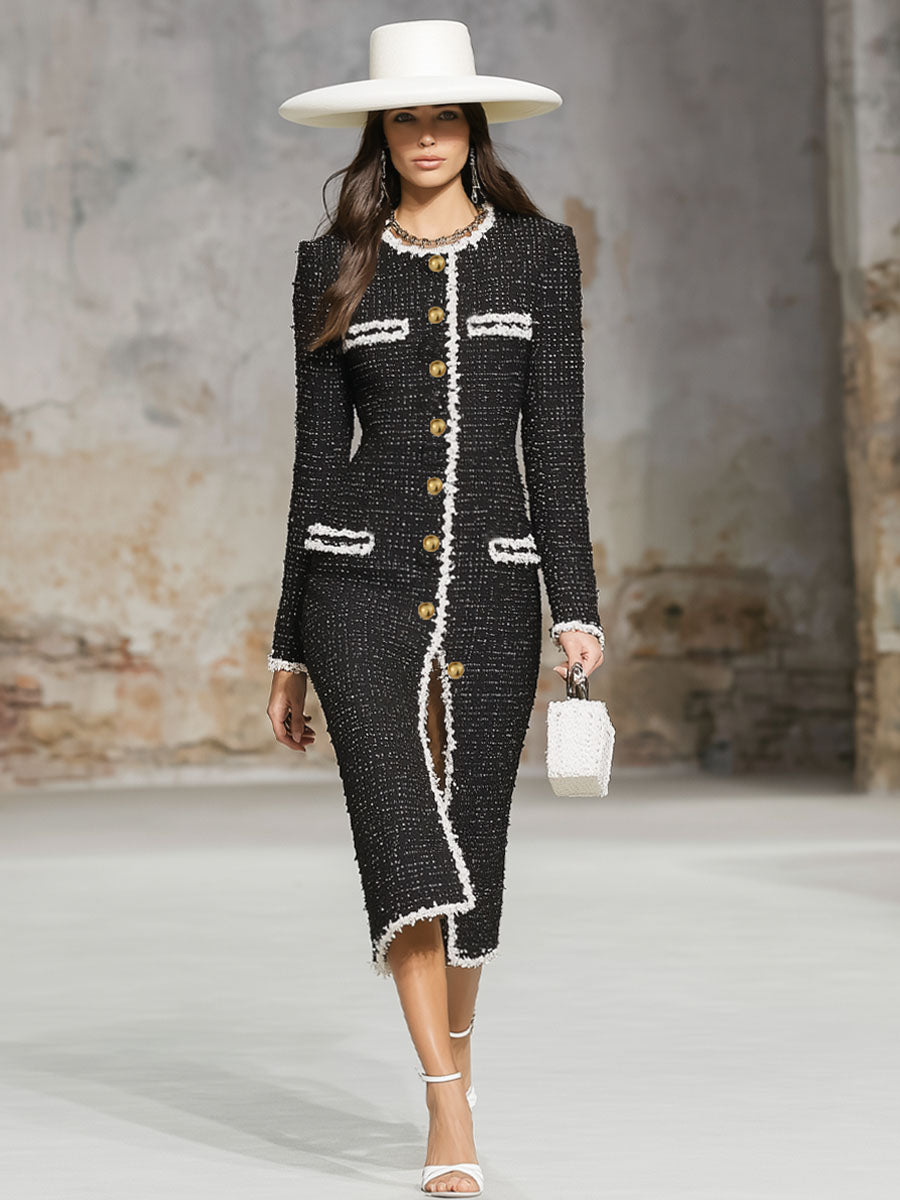 Elegant Textured Fabric Ribbon Multi-button Midi Dress