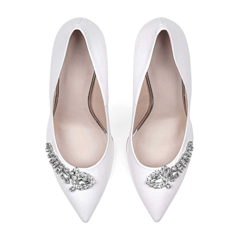 Elegant White Pointed Toe Rhinestone Stiletto Heel Wedding Pumps Shoes