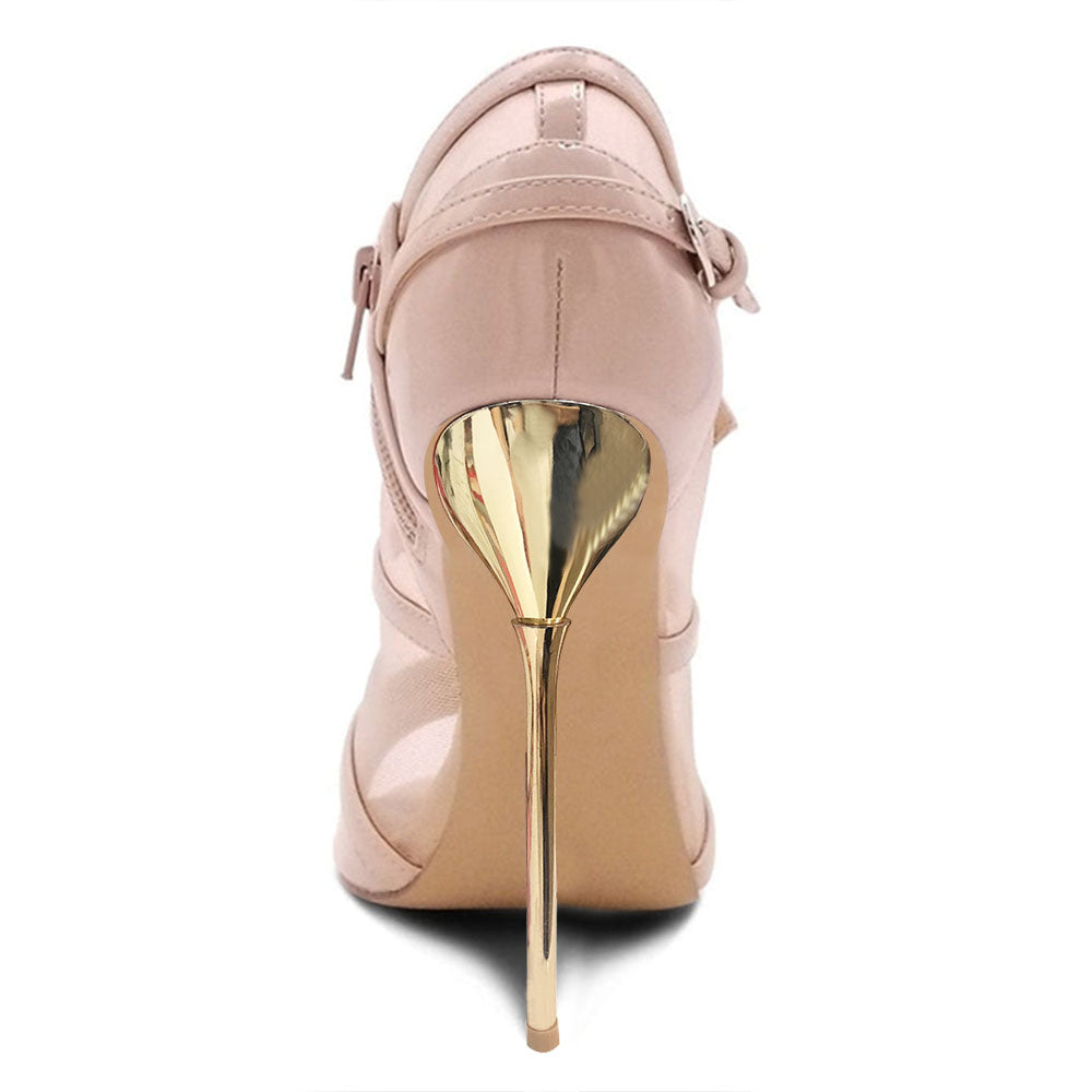 Beige Mesh Peep Toe Stiletto Heel Pumps with Buckle