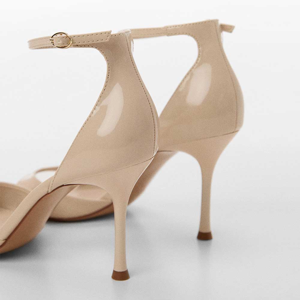 Beige Patent Leather Square Toe Stiletto Heel Ankle Strap Sandals