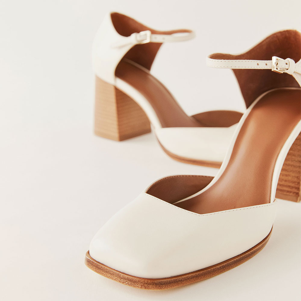 Beige Closed Square Toe Block Heel Pumps with Buckled Ankle Strap