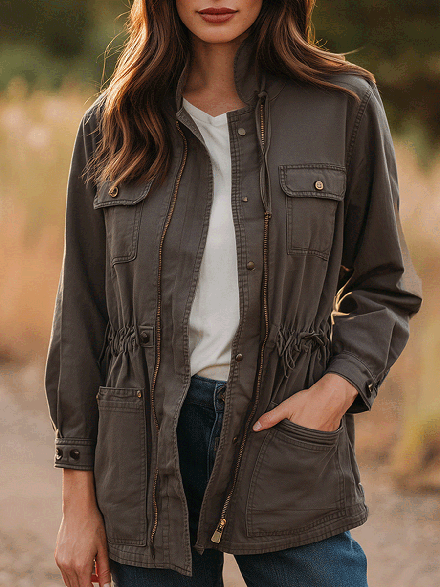 Daily Outdoor Military Gray Practical Drawstring Work Jacket