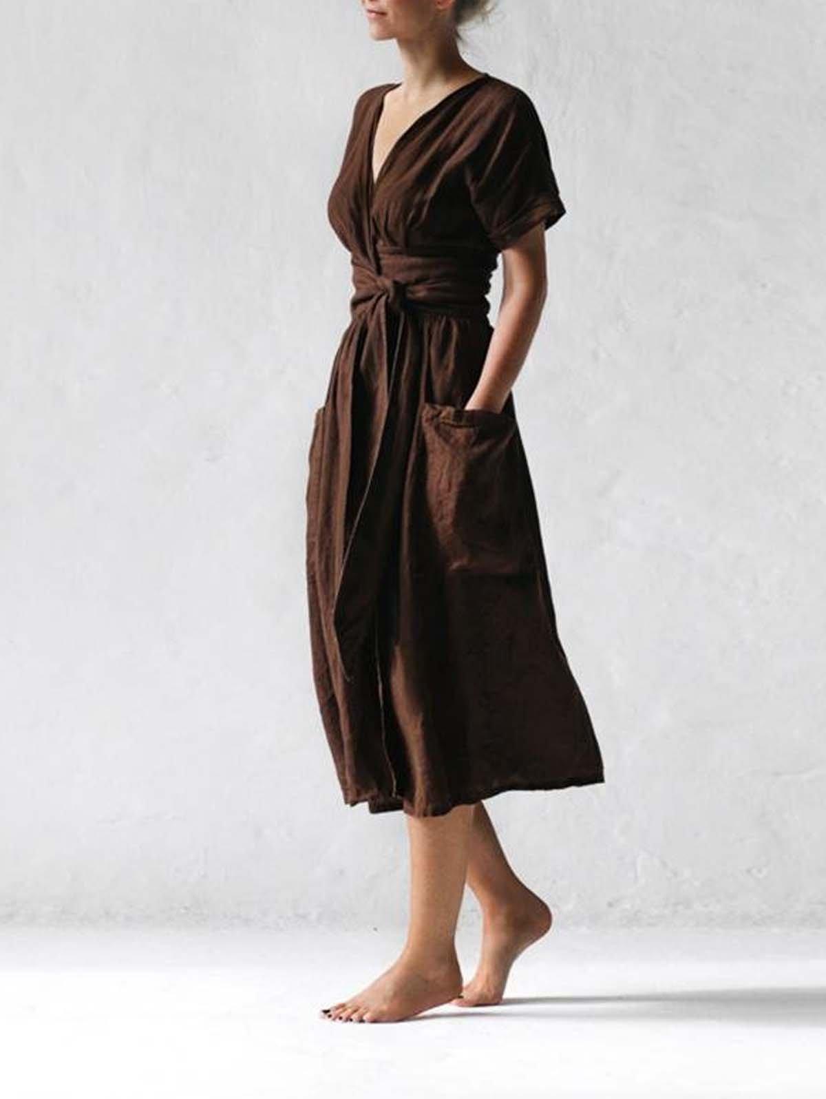 Women's Fashion V Neck Belt High Waist Short Sleeves Linen Dress