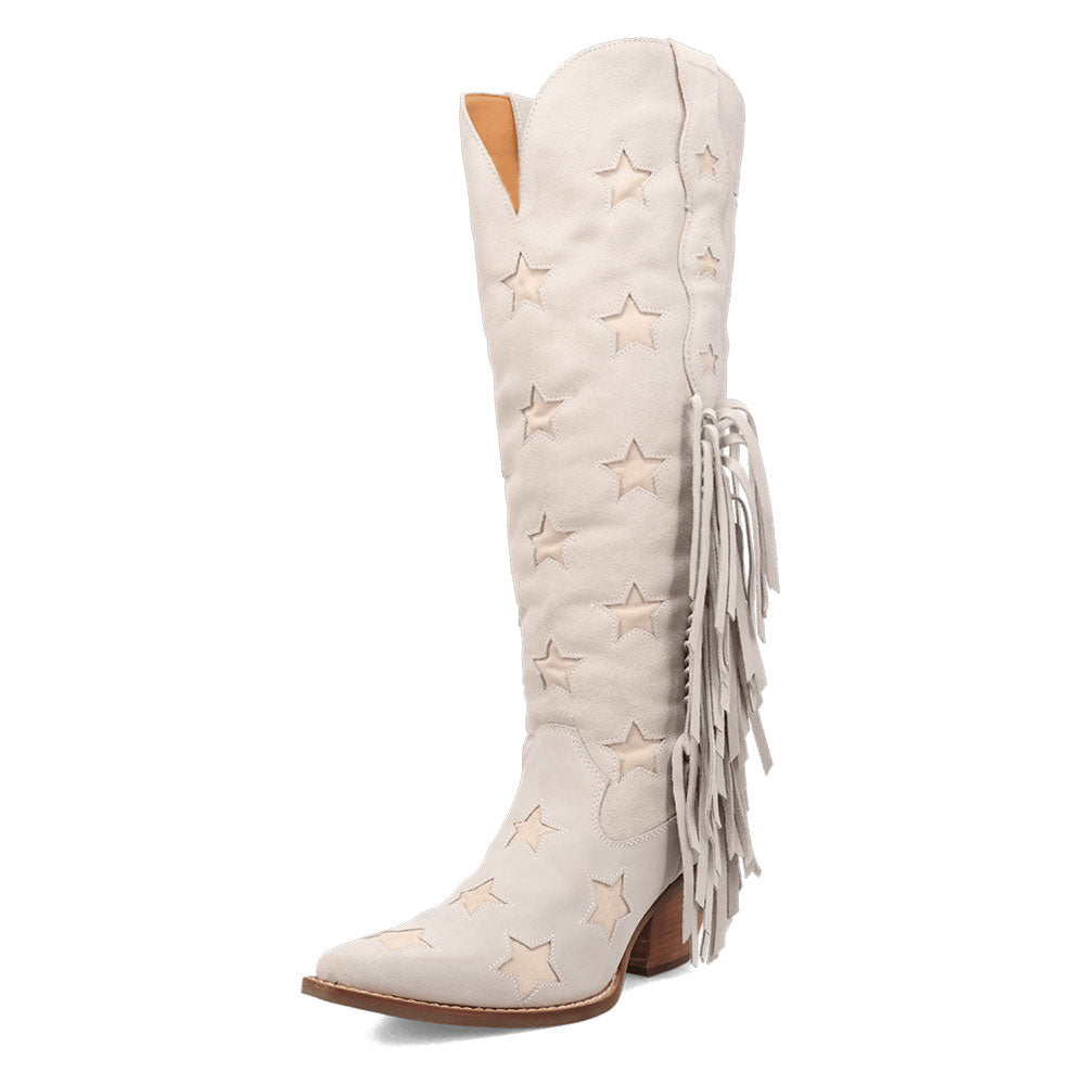 Beige Snip Toe Chunky Heel Fringe Knee-High Cowboy Boots for Women