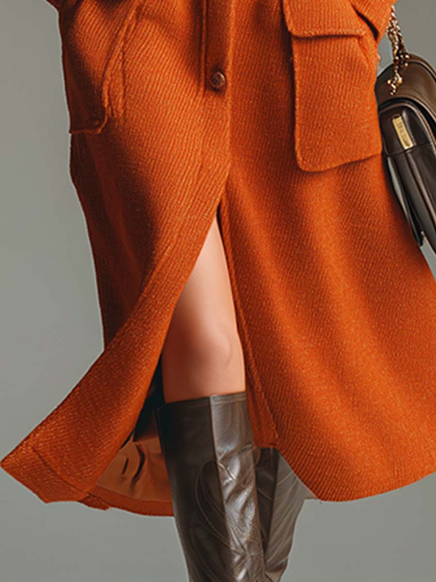Elegant Urban Stand-up Collar Orange Pocket Mid-length Coat