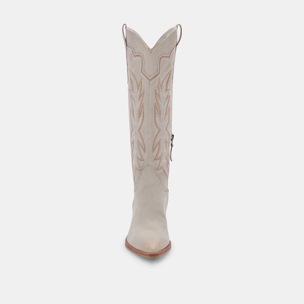 Beige Pointed Toe Chunky Heel Embroidered Knee High Cowgirl Boots