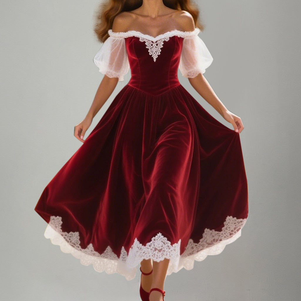 Vintage Off Shoulder Lace Trim Puff Sleeve Velvet Midi Dress
