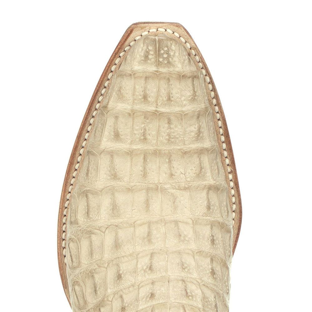 Beige Croco Embossed Pointed Toe Mid-Calf Embroidered Chunky Boots