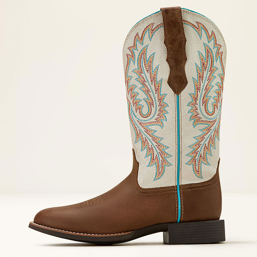 Beige & Brown Round Toe Embroidered Mid-Calf Western Cowgirl Boots