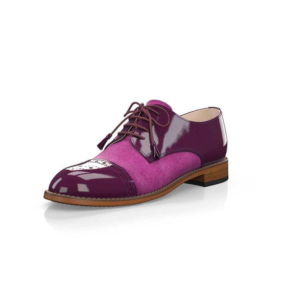 Fuchsia Round Toe Block Heel Splicing Cutout Lace-Up Oxford Shoes