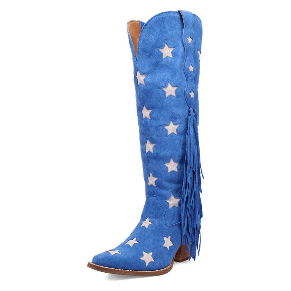 Beige Star Pattern Snip Toe Chunky Heel Knee-High Blue Cowgirl Boots