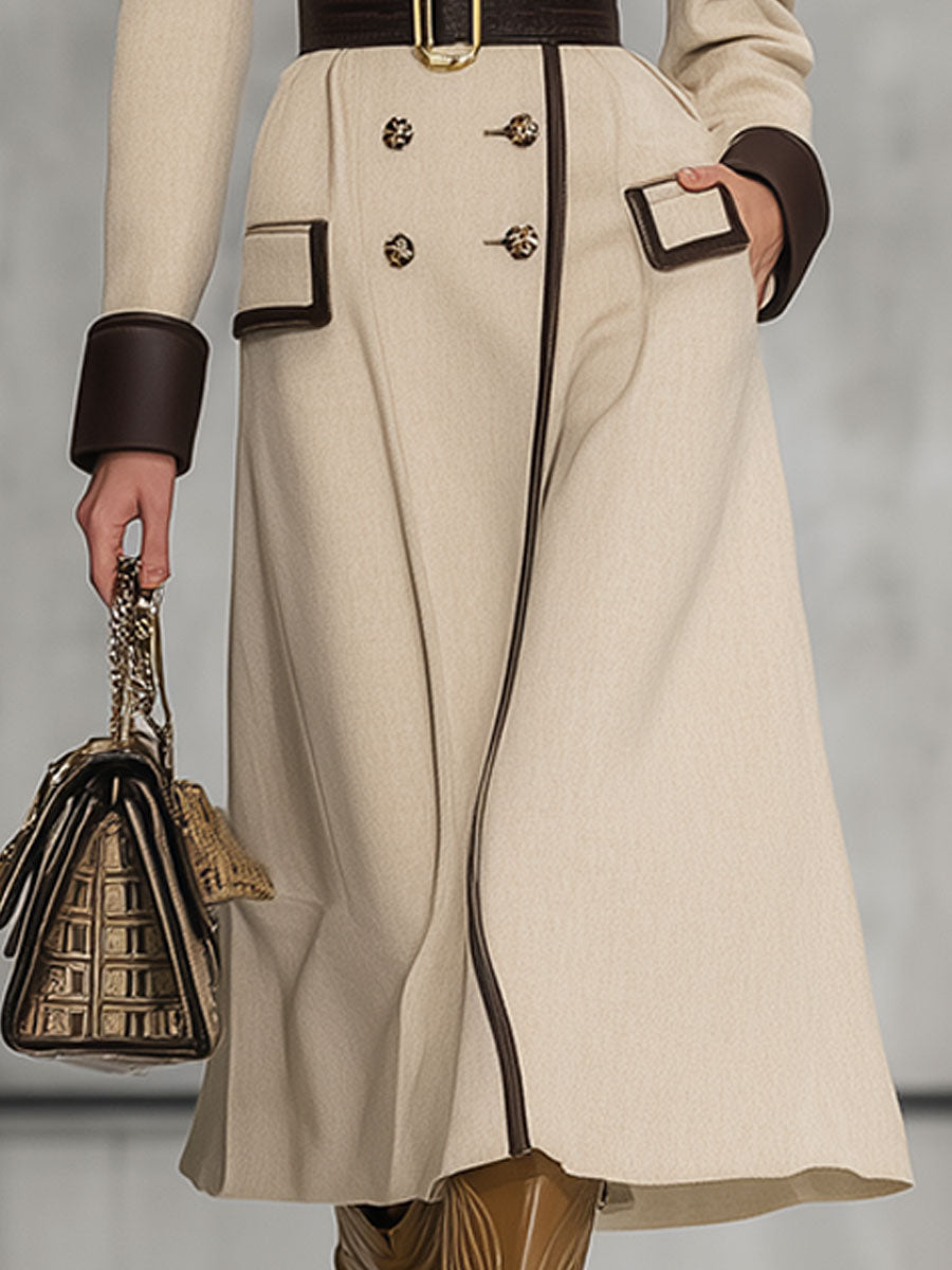 Elegant Urban Light Khaki Double-Breasted Mid-Length Coat