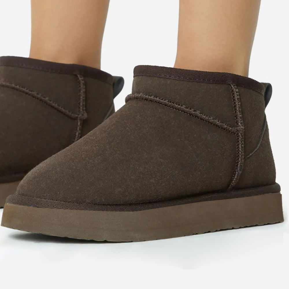 Dark Brown Round Toe Furry Lining Flat Women's Snow Boots
