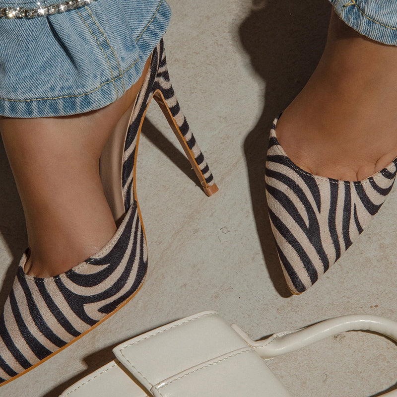 Beige & Black Zebra Print Pointed Toe Stiletto Heel Pumps