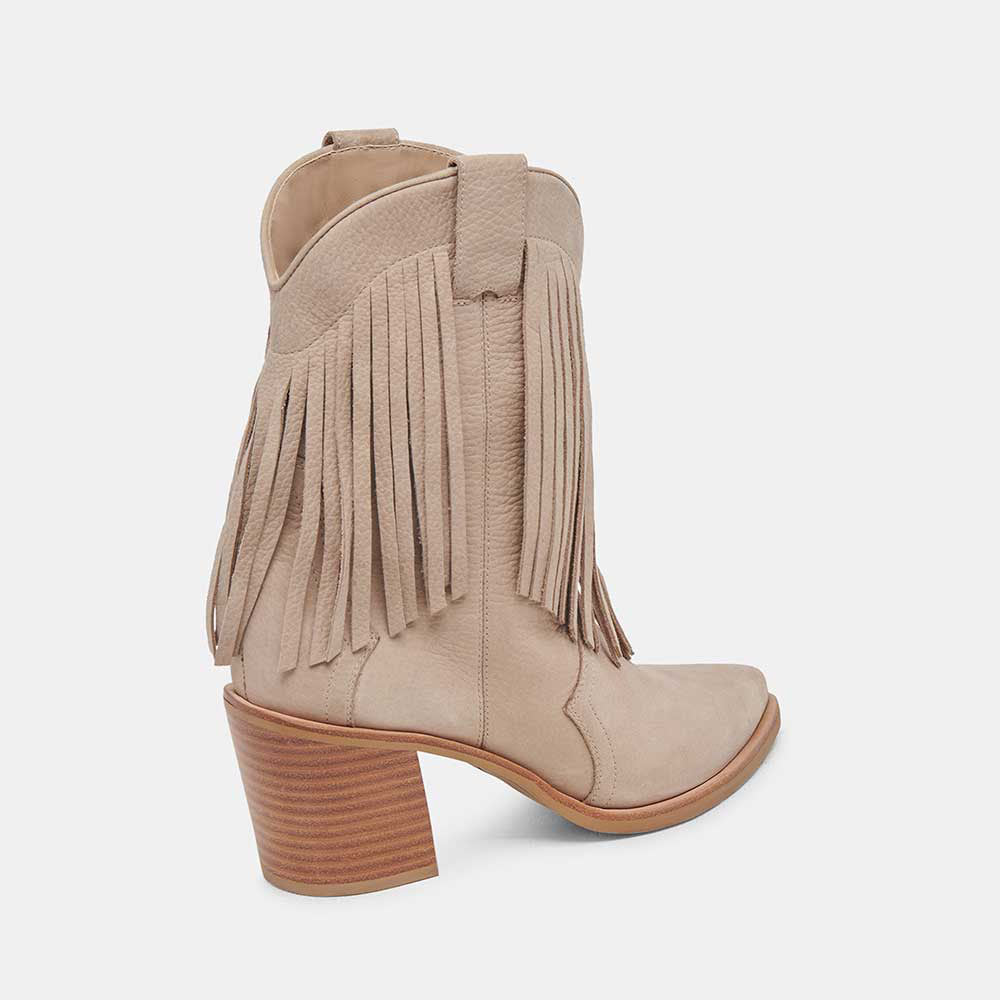 Beige Pointed Toe Fringe Ankle Length Cowgirl Boots with Chunky Heel
