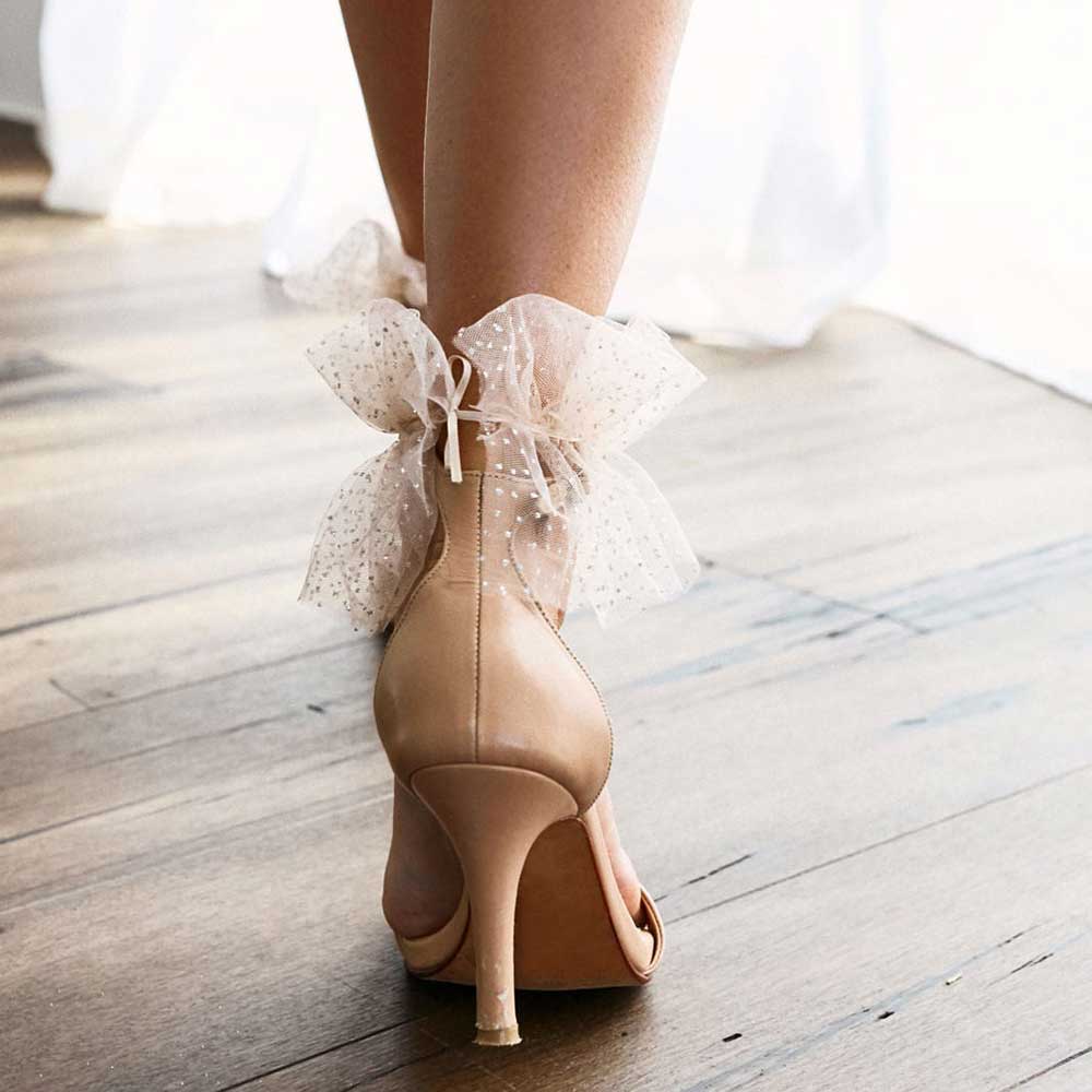 Beige Pointed Toe 3'' Stiletto Heel Mesh Flared Ankle Strap Sandals