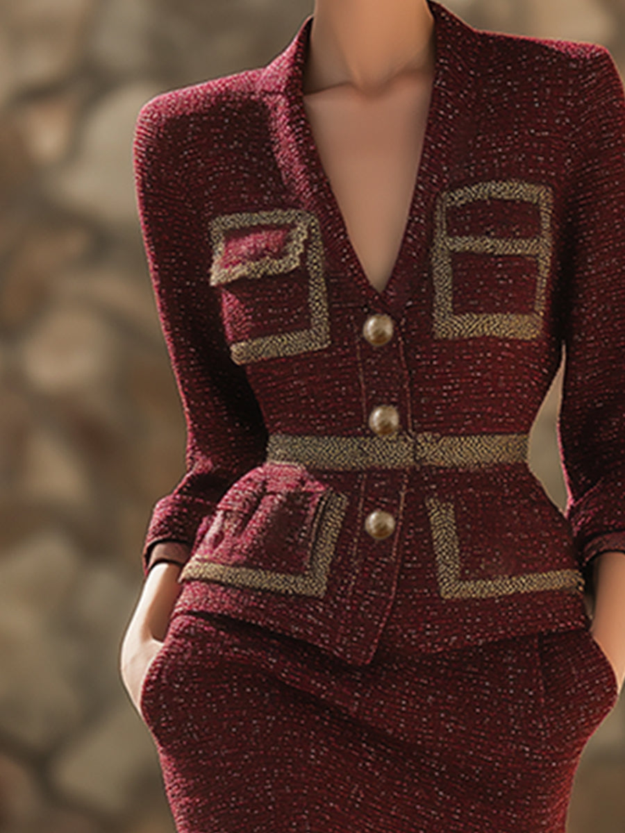Elegant Retro Burgundy Tweed V-neck Jacket And Skirt Set