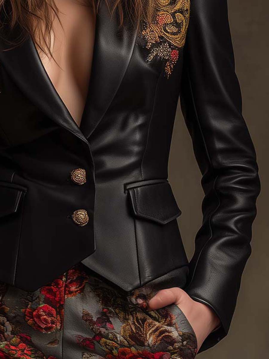 Embroidered Shoulder Black PU Leather Blazer