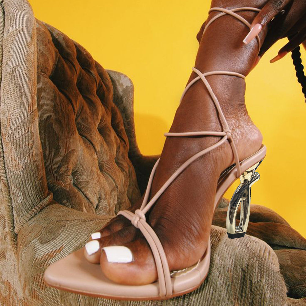 Beige Open Toe 4'' Decorative Heel Lace Up Sandals