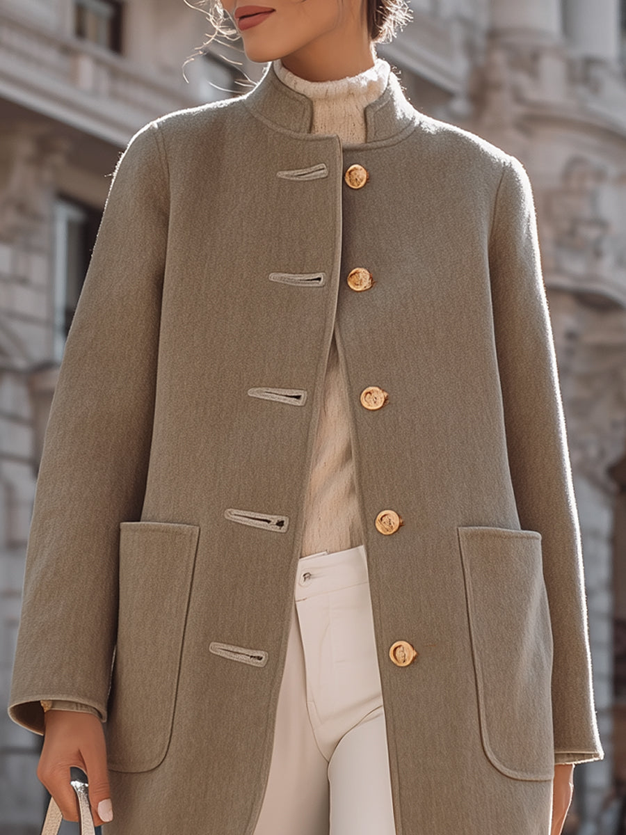 Elegant Wool-Blend Mid-Length Coat With Gold-Tone Buttons