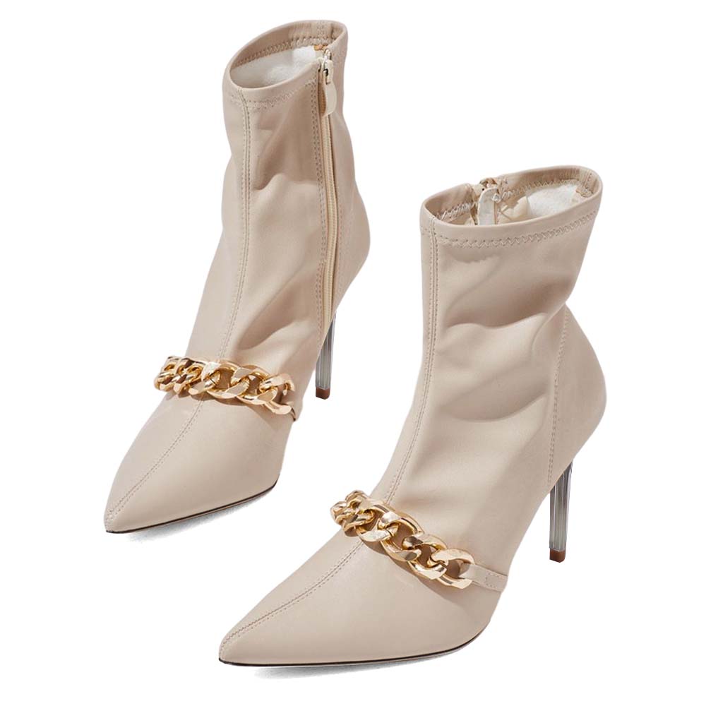 Beige Pointed-Toe Metal Chain Decorated Ankle Boots with Clear Heel