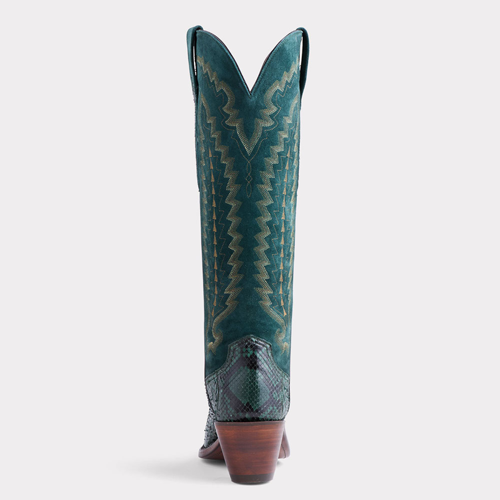 Dark Teal Faux Suede Low Block Heel Snakeskin Snip Toe Western Boots