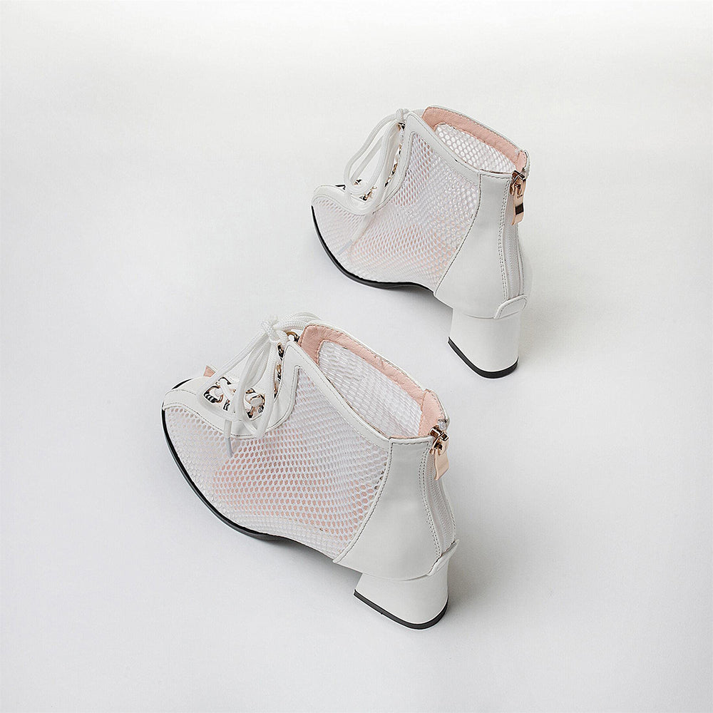 Fashion White Mesh Peep Toe Chunky Heel Lace Up Booties for Women