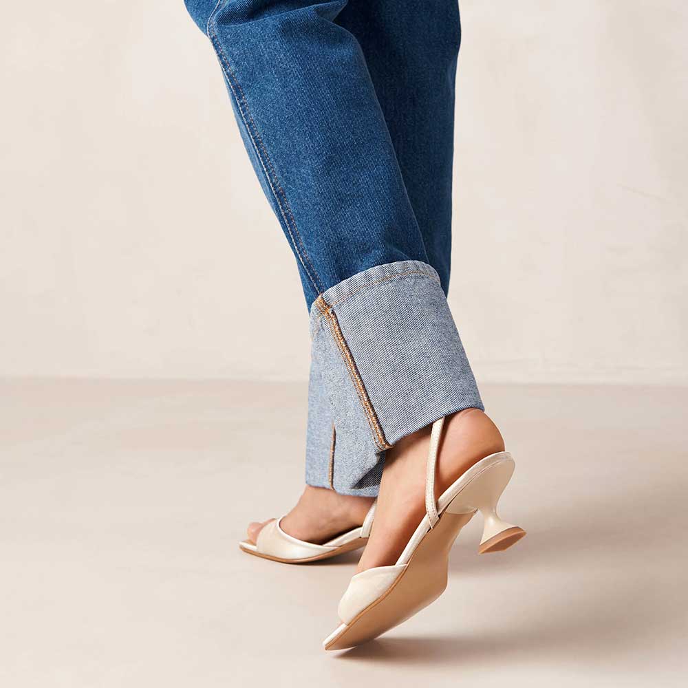 Beige Satin Square Toe Flared Heel Ankle Strap Sandals