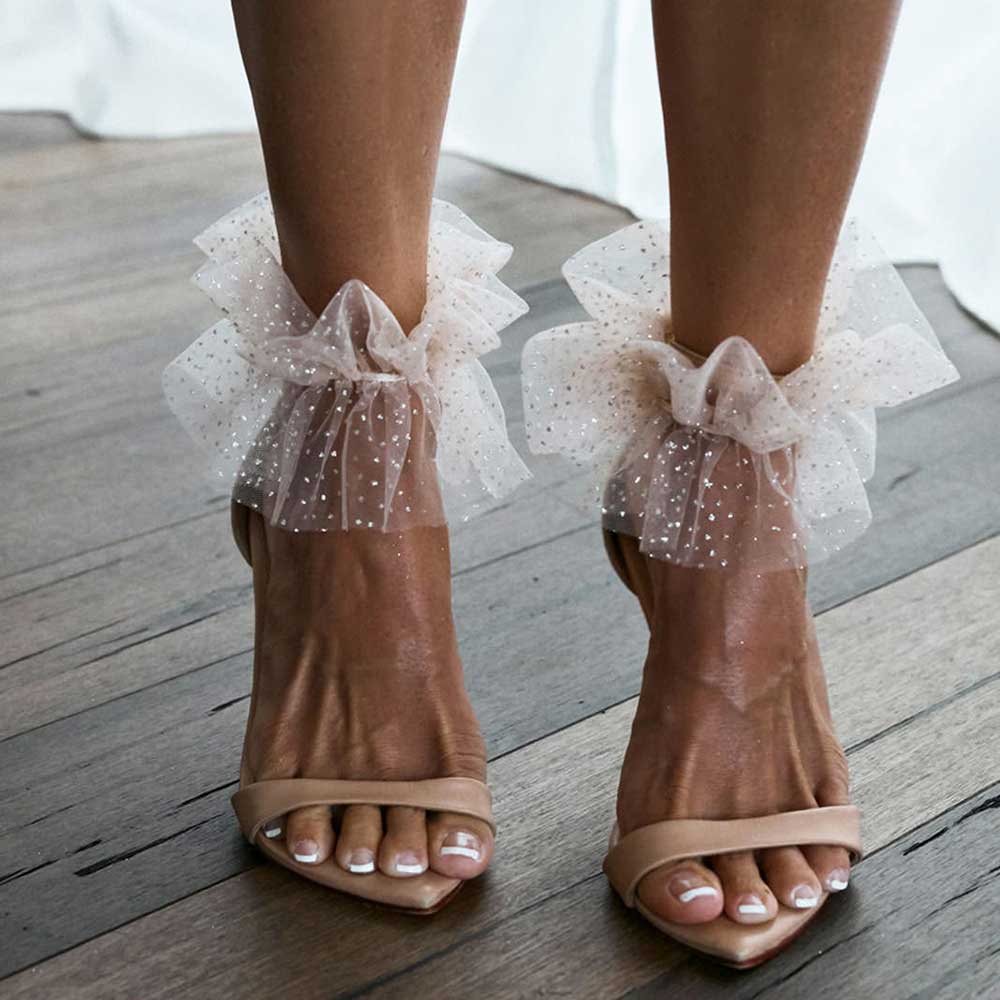 Beige Pointed Toe 3'' Stiletto Heel Mesh Flared Ankle Strap Sandals