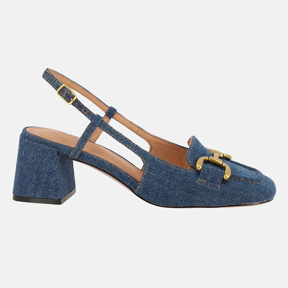 Denim Blue Closed Toe Block Heel Women's Slingback Pumps with Chain