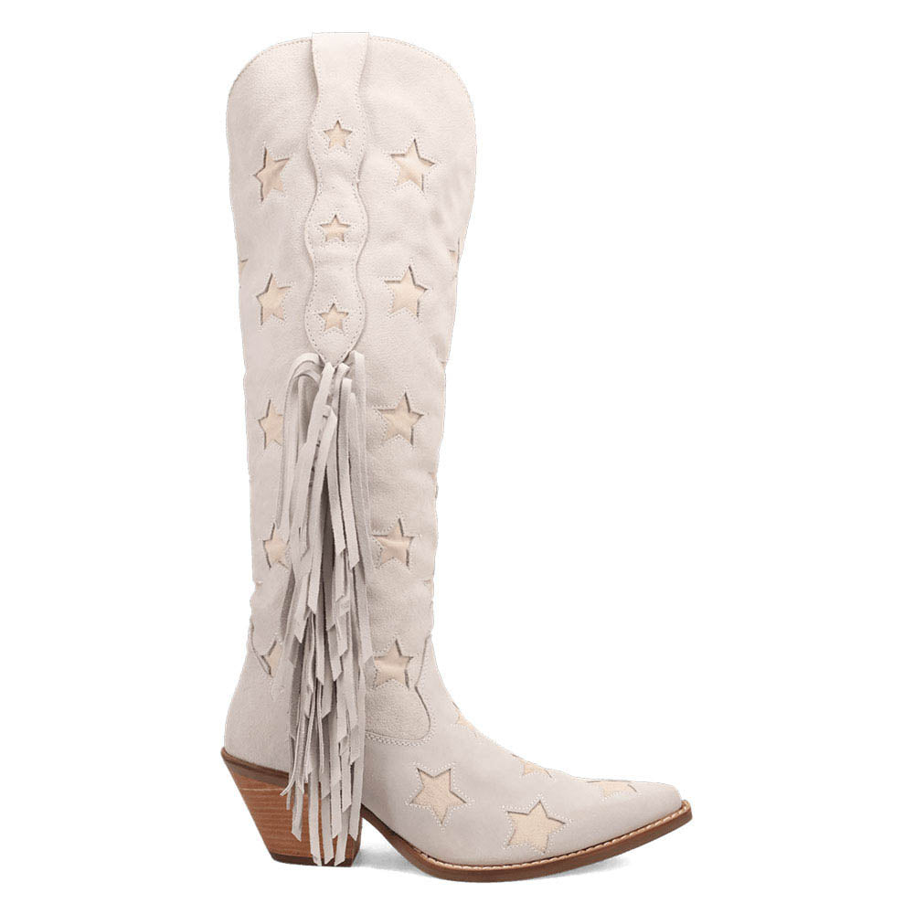 Beige Snip Toe Chunky Heel Fringe Knee-High Cowboy Boots for Women