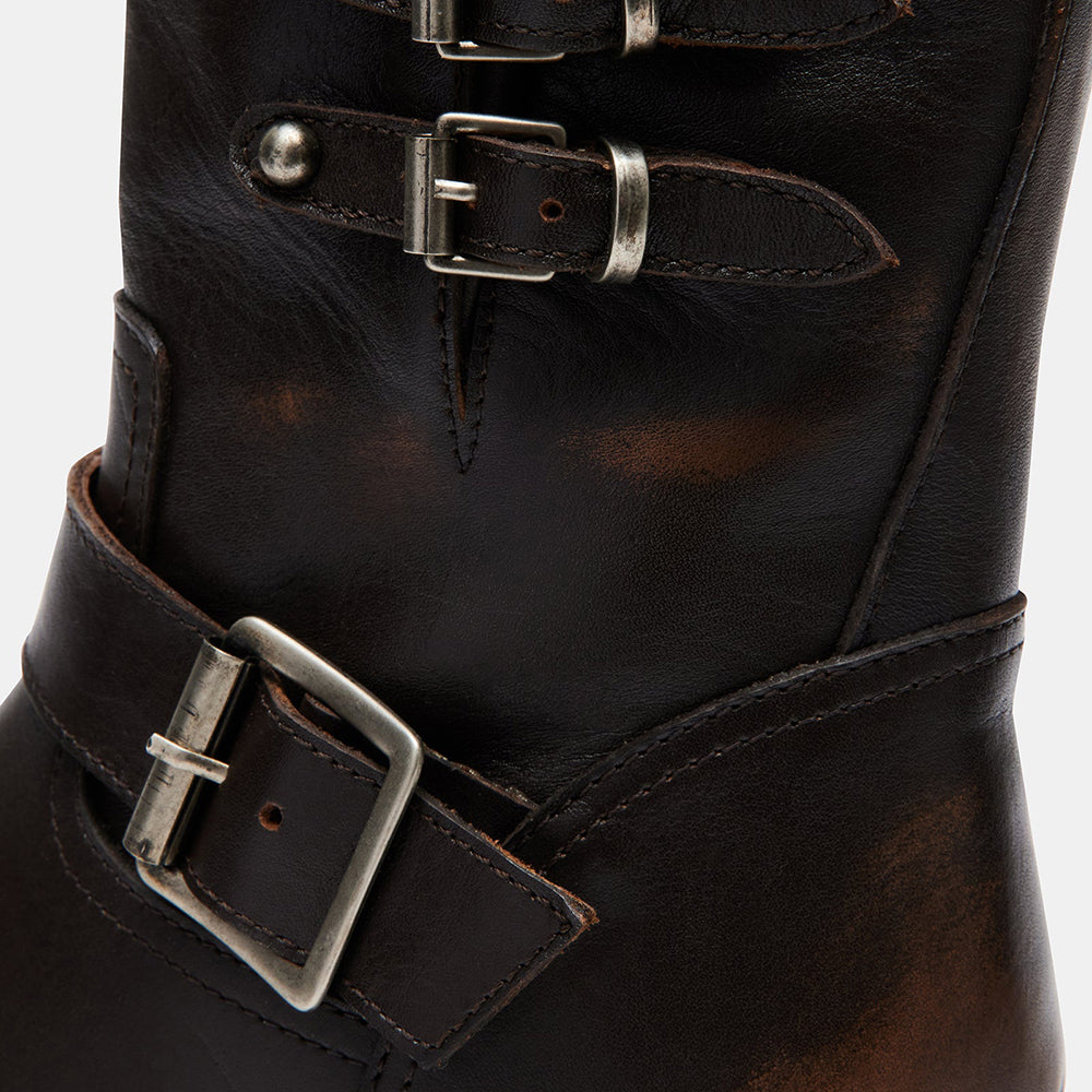 Dark Brown Closed Toe Low Chunky Heel Buckled Ankle Boots