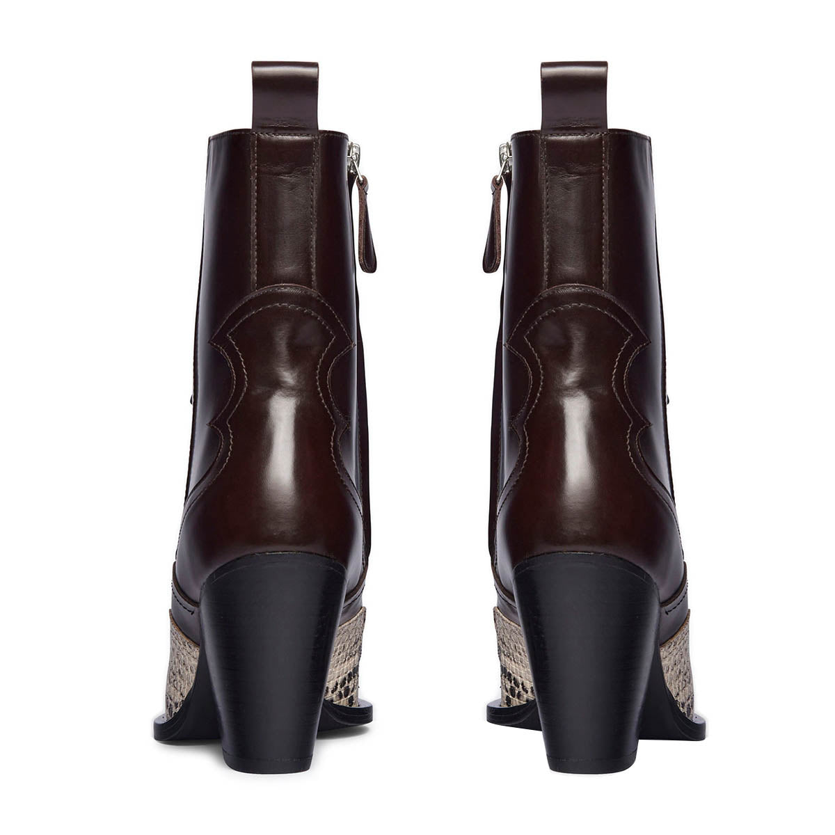 Dark Brown Faux Leather Chunky Heel Short Western Boots with Zipper