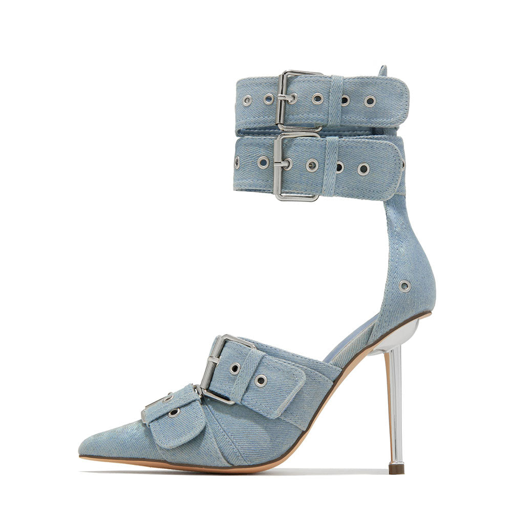 Denim Blue Pointy Toe 4'' Metallic Heel Buckle Studded Strappy Pumps