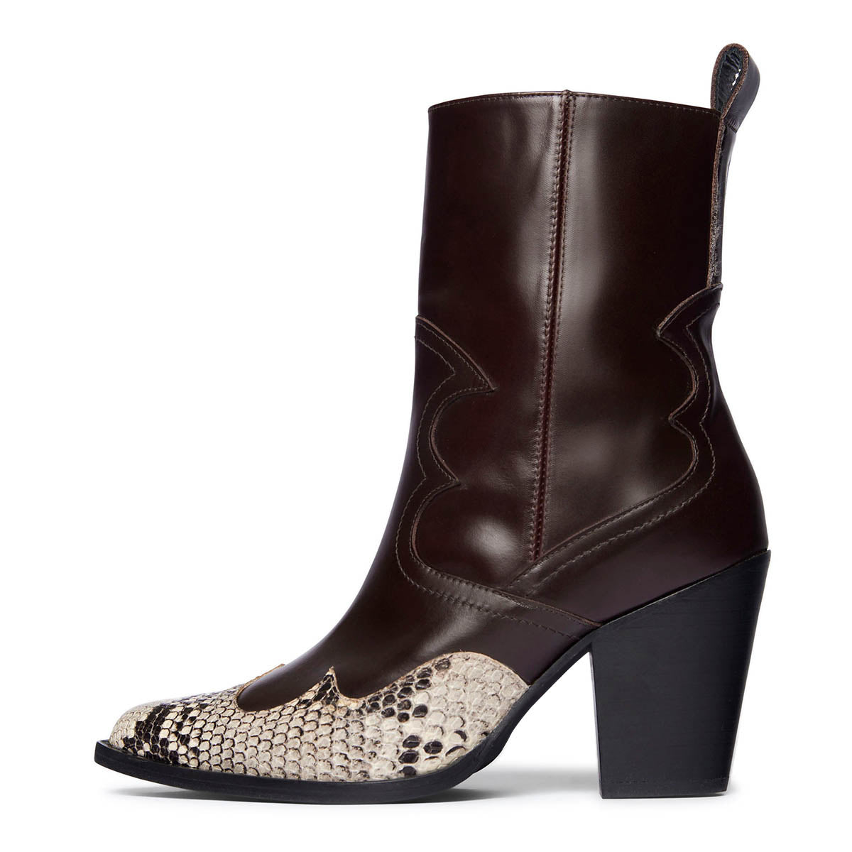 Dark Brown Faux Leather Chunky Heel Short Western Boots with Zipper