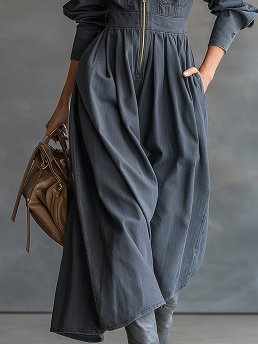 Fashionable Casual Lapel Front Zipper Pocket Gray Denim Long Sleeve Maxi Dress