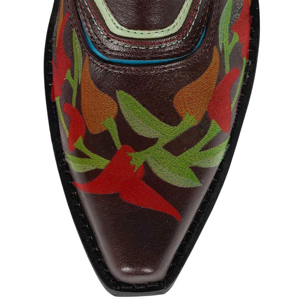 Dark Brown Chili Embroidered Wide Calf Chunky Heel Cowgirl Boots